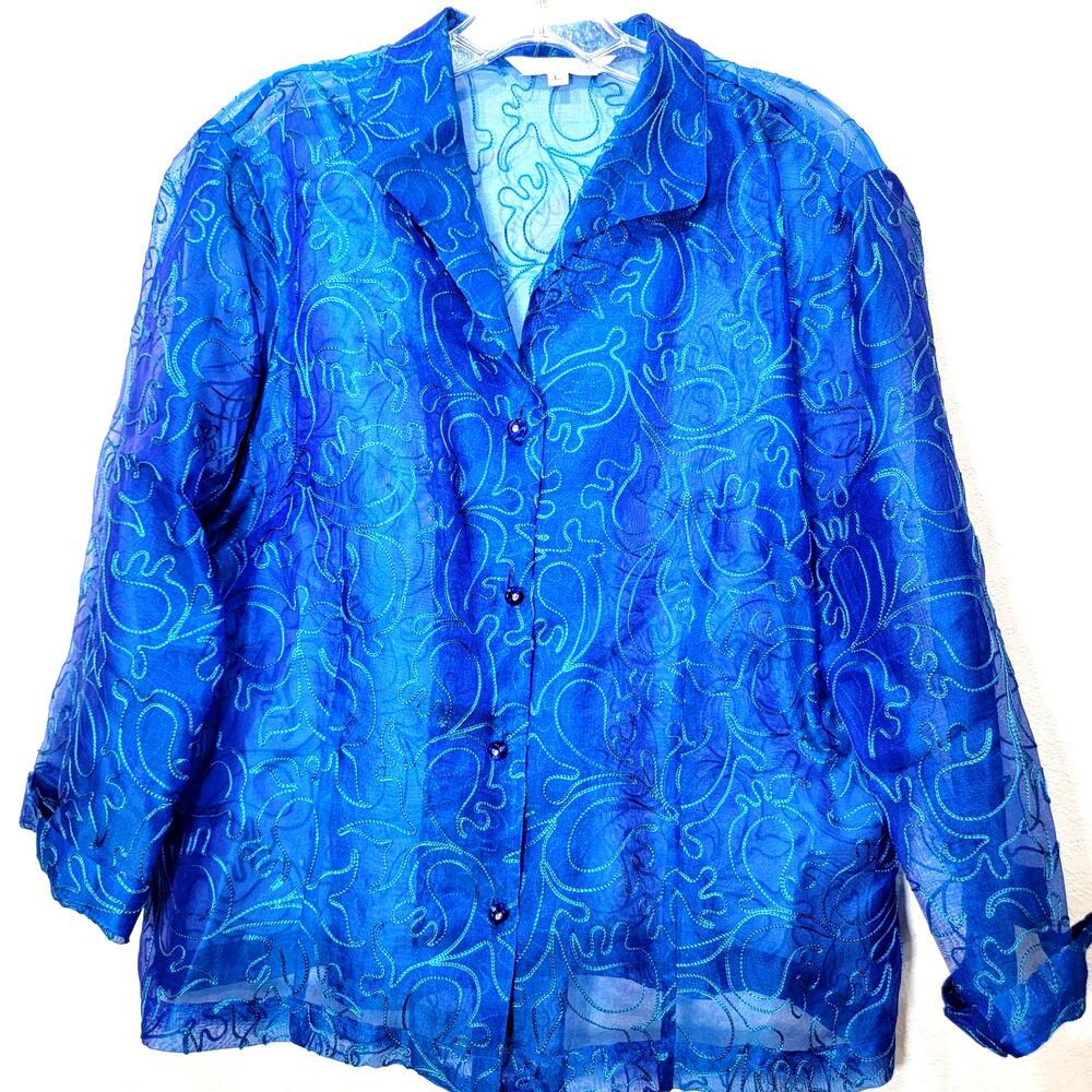Connie Roberson Top Jacket L Sheer Blue Embroidered Bling Buttons Layer Boho